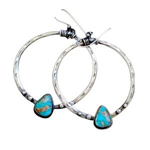 New Artisan Hammered S924 Sterling Silver Raw Turquoise Big Hoop Dangle Earrings